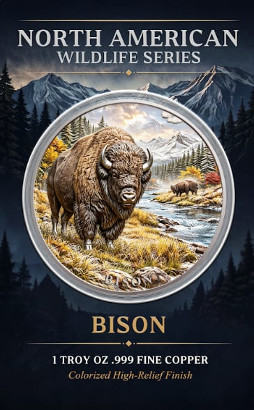North American Wildlife - Bison UHR Colorized 1 oz Copper Medal in Card (06/26)