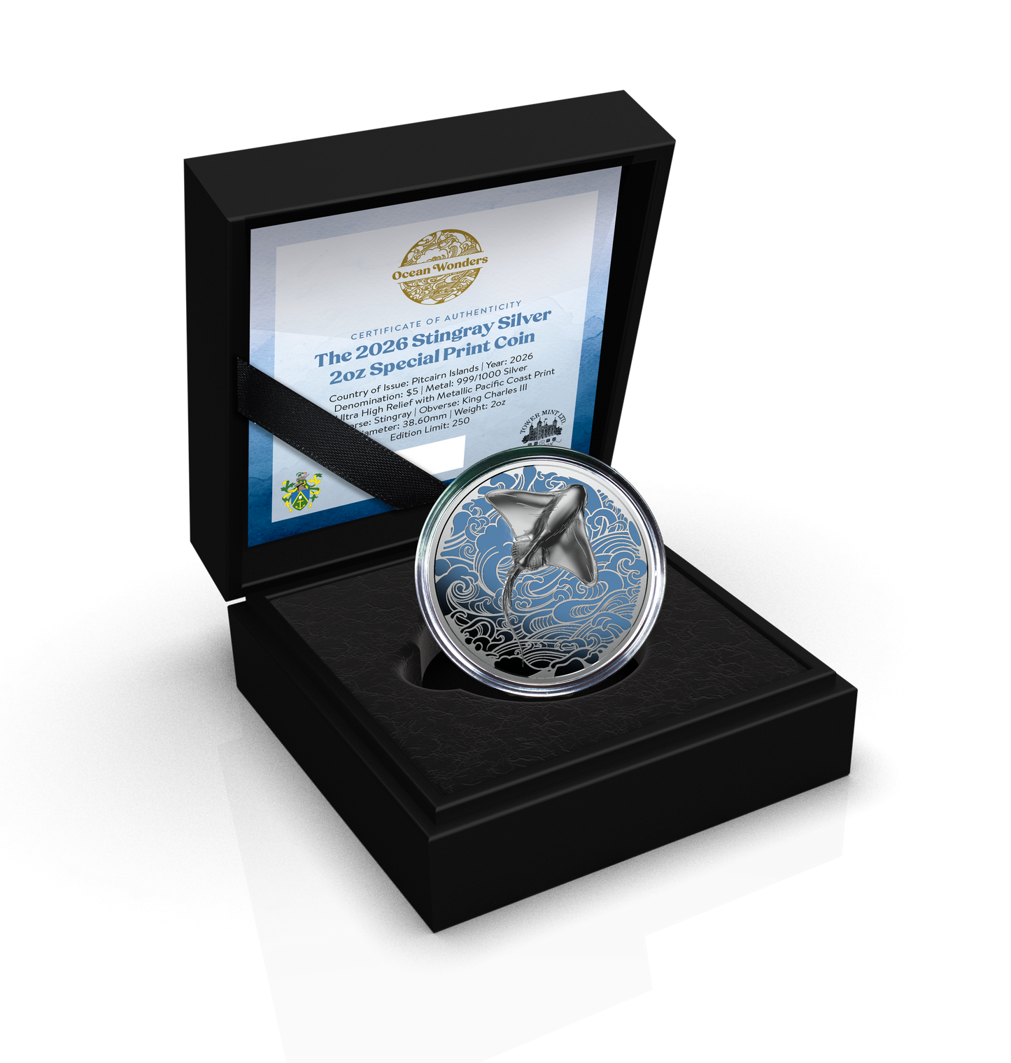 2026 Pitcairn Islands Ocean Wonders Stingray UHR Proof 2 oz Silver Coin (07/31)