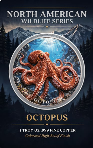 North American Wildlife - Octopus UHR Colorized 1 oz Copper Medal in Card (07/03)