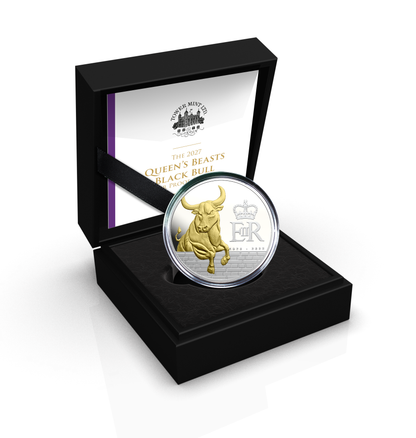 2027 Pitcairn Islands Queen's Beast Black Bull Gold Gilt 1 oz Silver Coin