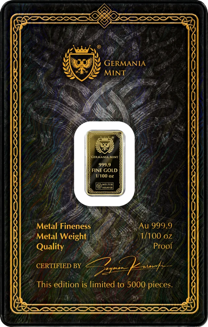 2026 Germania Gods Thor Minted 1/100 oz Gold Bar in Card