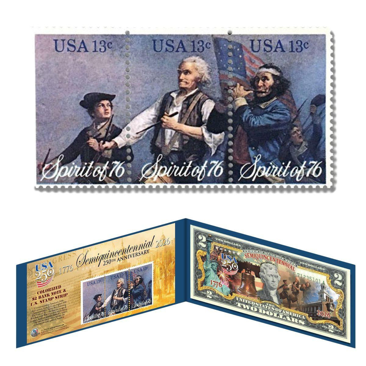 1776-2026 U.S. Genuine Legal Tender $2 Bill 'America's 250th' w/Spirit of '76 Stamp (07/03)