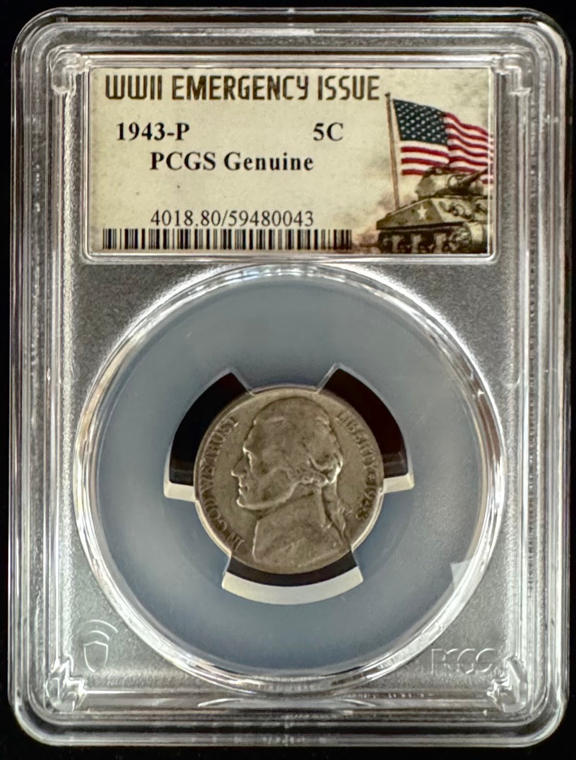 1943-P U.S. Jefferson "War" Nickel Silver Coin PCGS Genuine WWI Emergency Label (07/27)