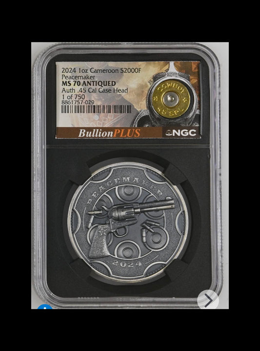 2024 Cameroon Peacemaker UHR 1 oz Silver Coin NGC MS 70 Bullet Label
