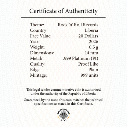 2026 Liberia Rock N Roll Records 0.5g Platinum Coin (07/20)