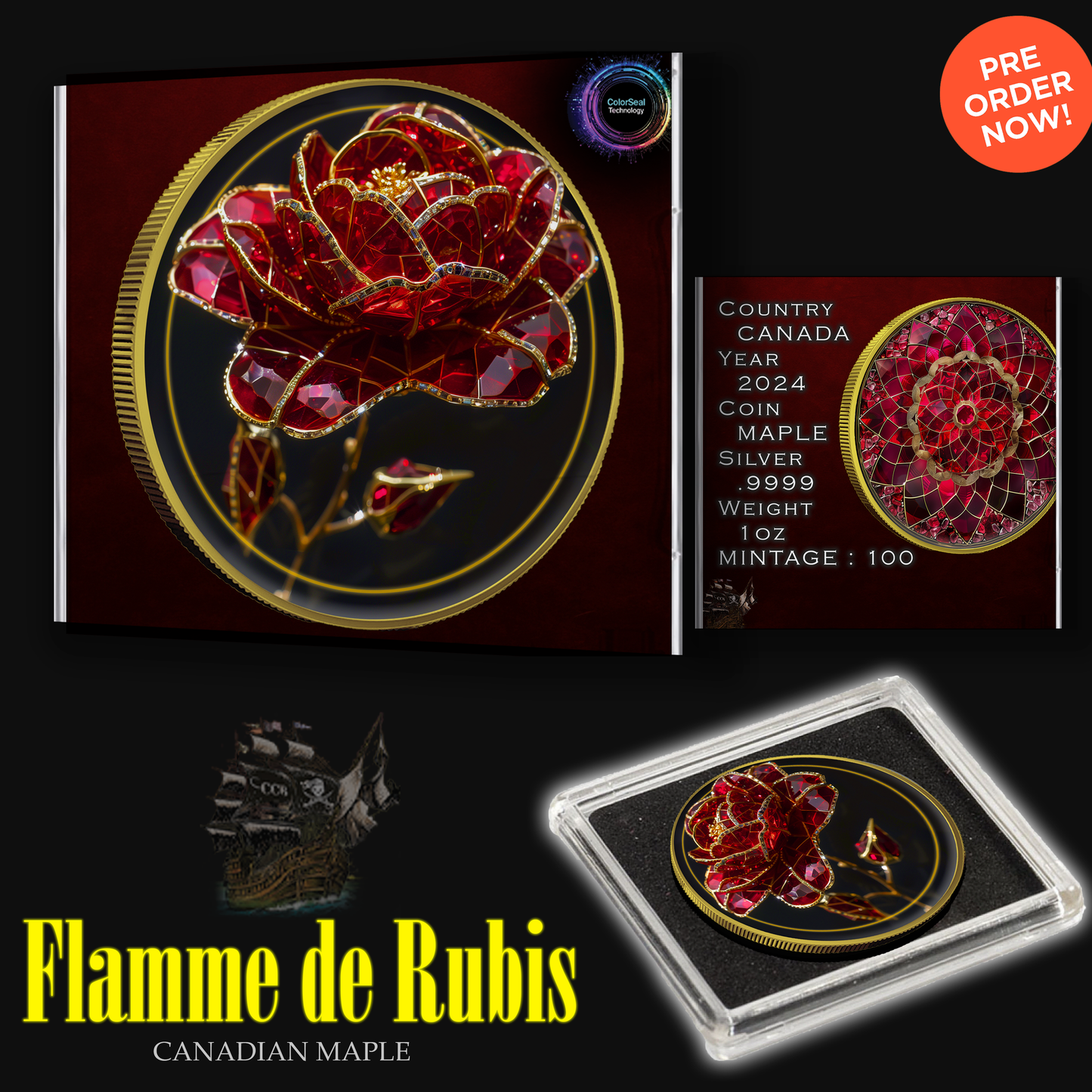 In Stock! 2024 Canada Maple Flamme de Ruis .9999 Silver 1oz Colorized Coin