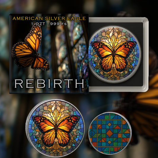 In Stock! 2025 Silver Eagle Mosaic Butterfly "Rebirth" 1oz Colorized .999 Silver Coins