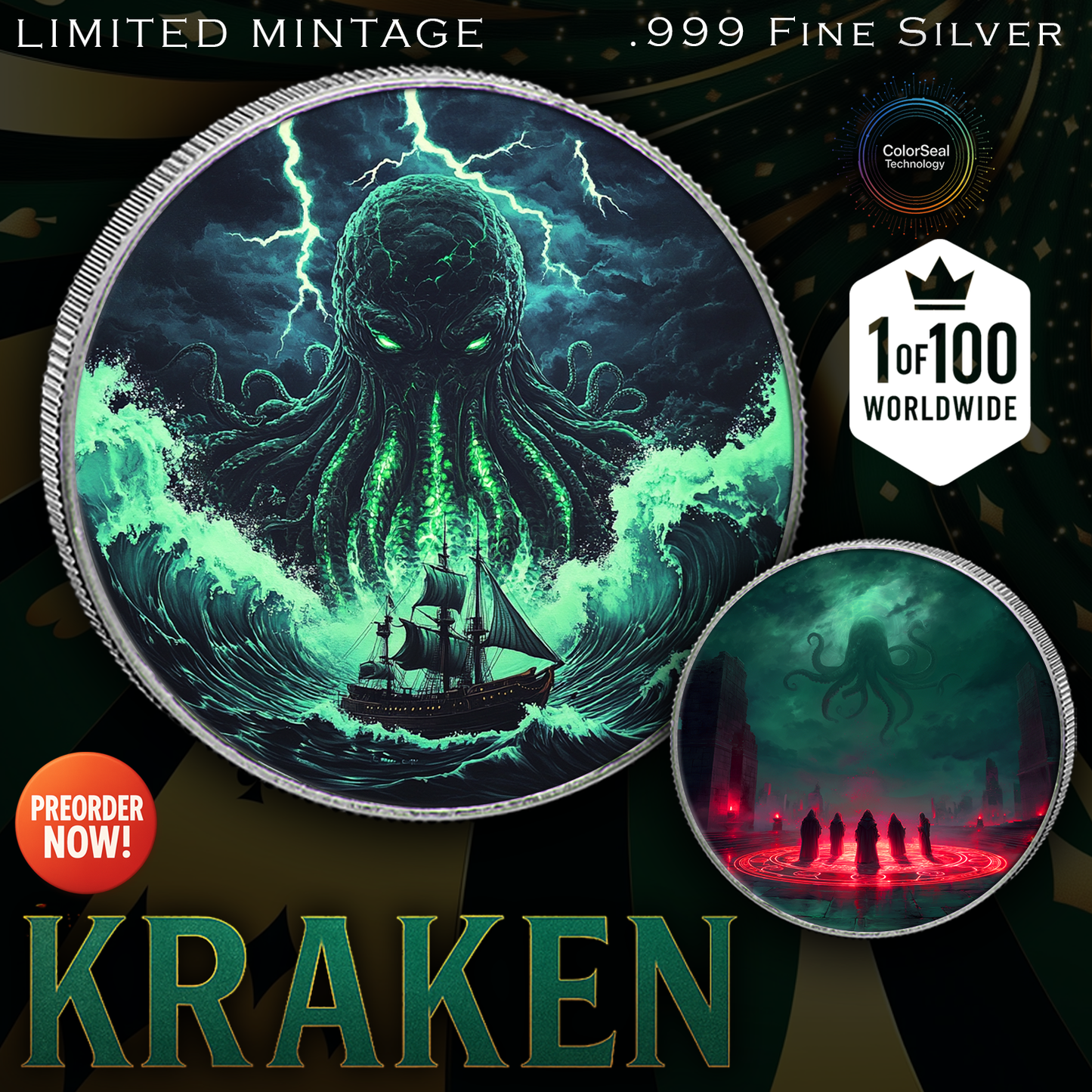 In Stock! 2025 Canada Maple "Kraken" 1oz Colorized .999 Silver Coin