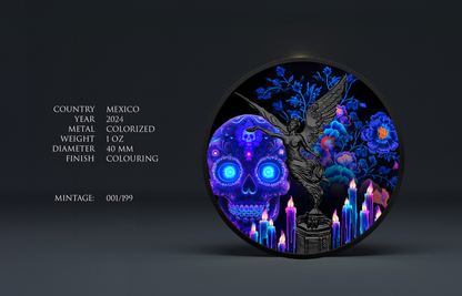 In Stock! 2024 Mexico Libertad Rhodium Dia De Los Muertos "Blue Silence" Colorized 1oz .999 Silver Coin
