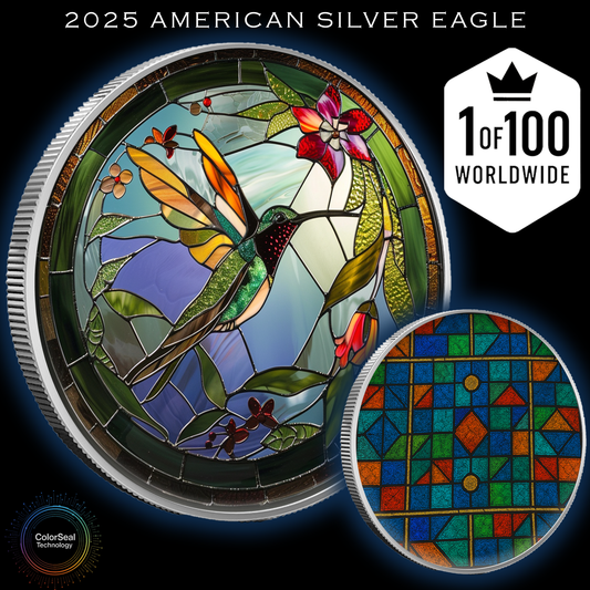 In Stock! 2025 Silver Eagle Mosaic Hummingbird "Nectar" 1oz Colorized .999 Silver Coin