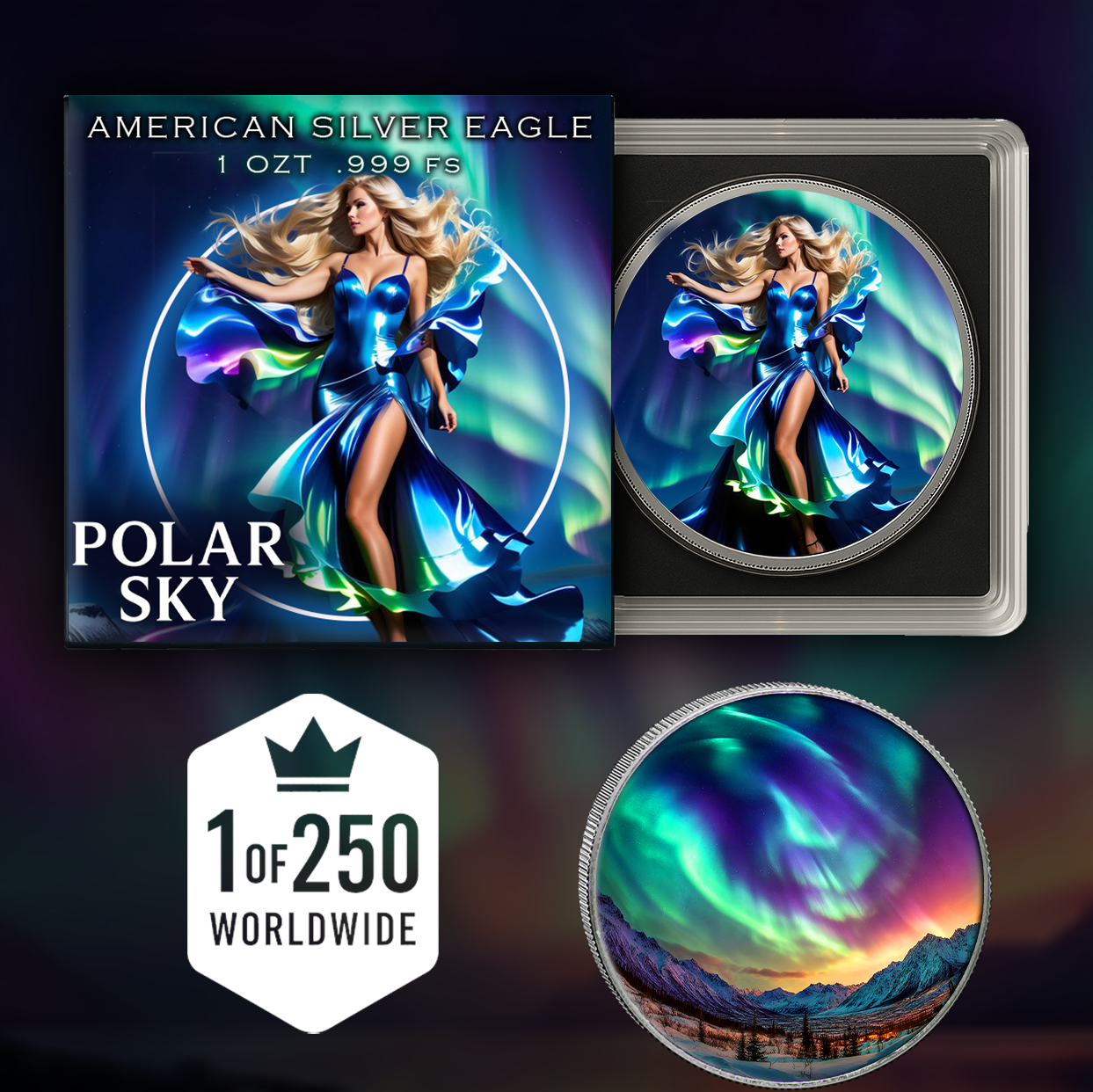 In Stock! 2025 Silver Eagle Aurora Polar Sky Colorized 1oz .999 Silver Coin