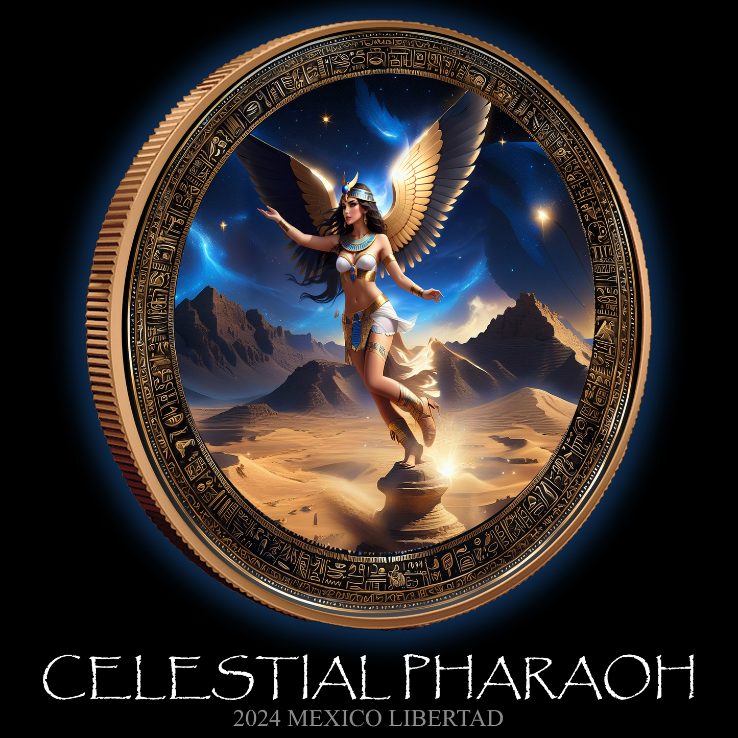 In Stock! 2024 Mexico Libertad Celestial Pharaoh Gilded & Colorized .999 10z. Silver Coin