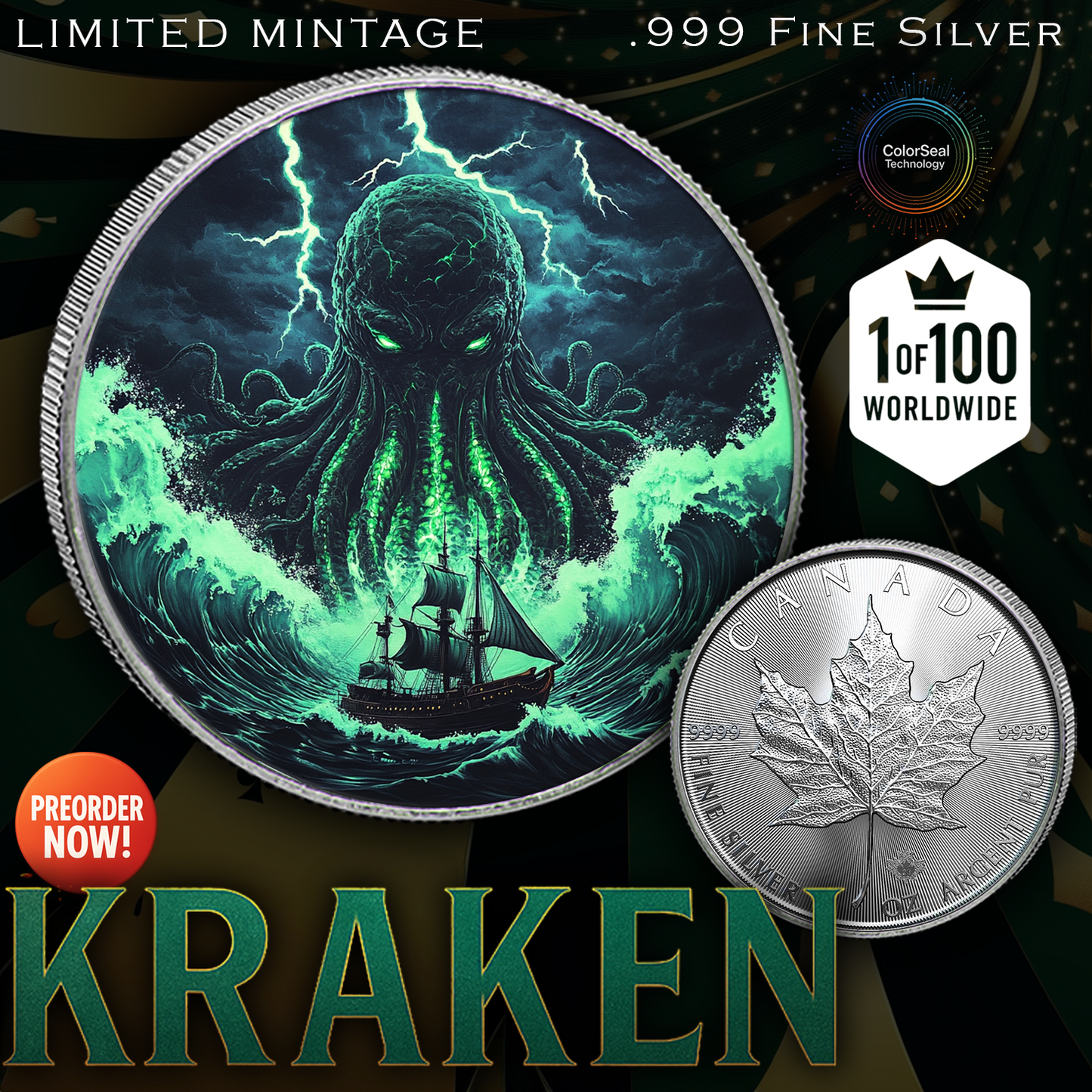 In Stock! 2025 Canada Maple "Kraken" 1oz Colorized .999 Silver Coin
