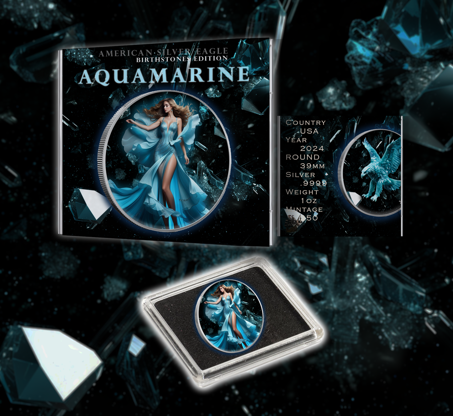 In Stock! 2024 Silver Eagle Aquamarine March Month Colorized 1oz .999 Silver
