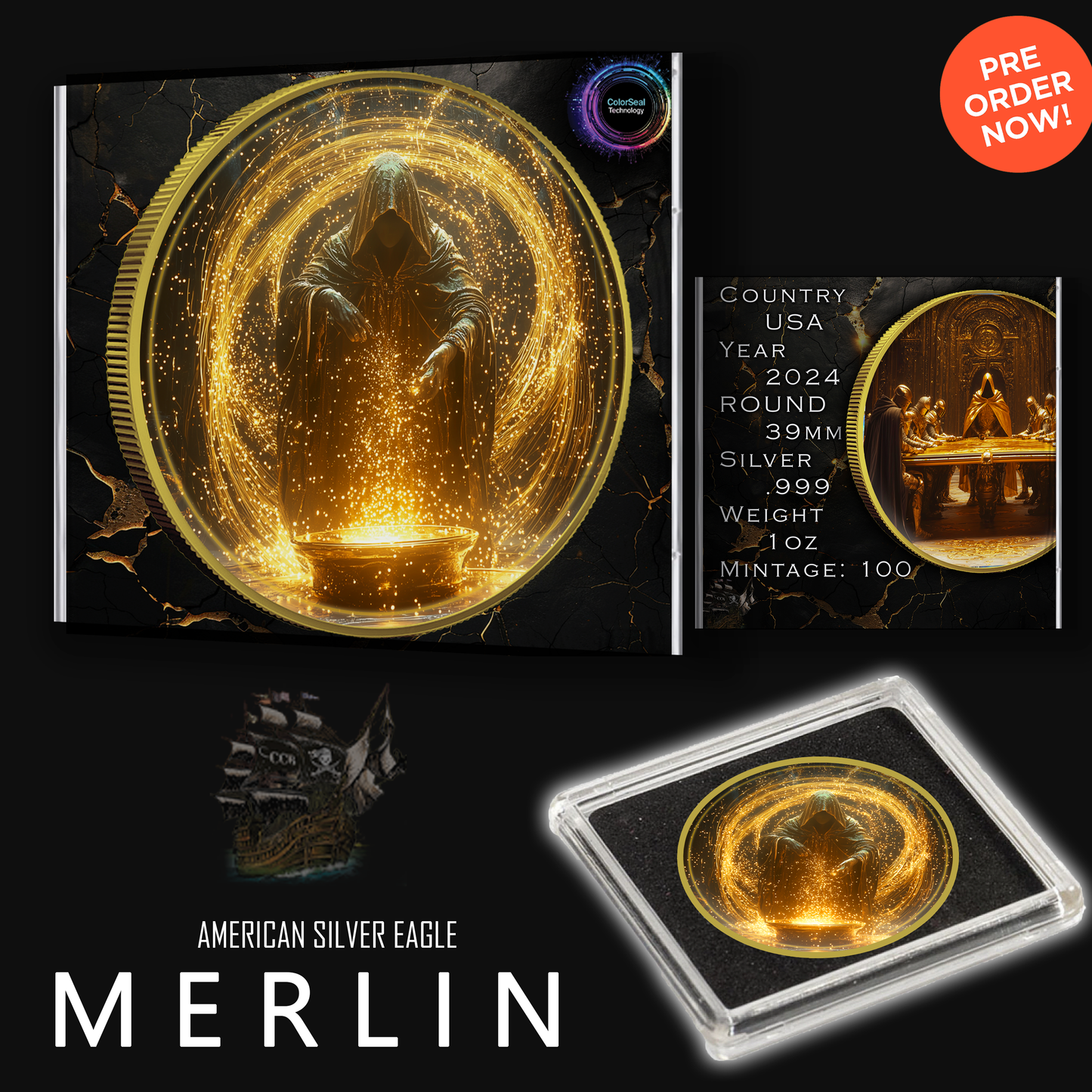 In Stock! 2024 Silver Eagle Merlin Gold Gild and Colorized 1oz .999 Silver Coin