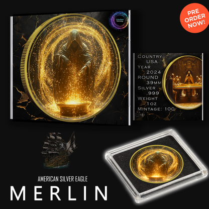 In Stock! 2024 Silver Eagle Merlin Gold Gild and Colorized 1oz .999 Silver Coin