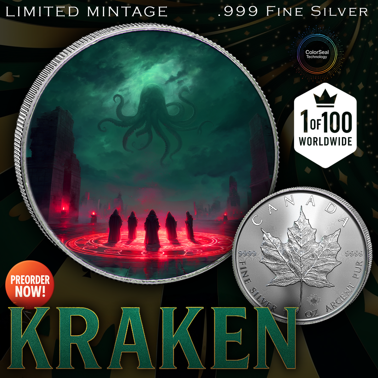 In Stock! 2025 Canada Maple "Kraken" 1oz Colorized .999 Silver Coin