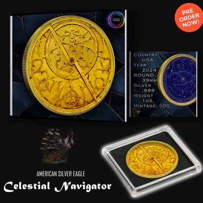 In Stock! 2024 Silver Eagle Celestial Navigator Gold Gilded Colorized 1oz .999 Silver Coin