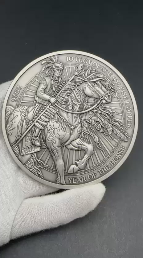 In Stock! 2026 Image Improvement Year of the War Horse 10oz Large Diameter .999 Copper with Antique Silver Finish