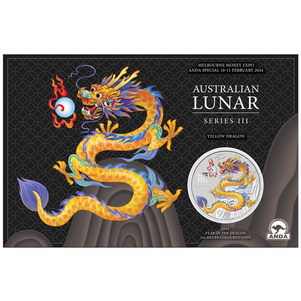 In Stock! 2024 1oz Australia Lunar Series III - Year of the Dragon- Yellow Dragon .9999 Silver Colored BU Coin-Melbourne Money Expo Special Edition
