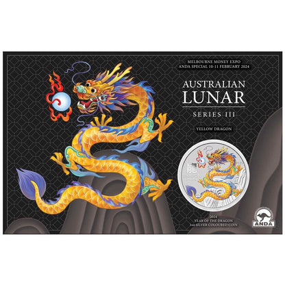 In Stock! 2024 1oz Australia Lunar Series III - Year of the Dragon- Yellow Dragon .9999 Silver Colored BU Coin-Melbourne Money Expo Special Edition