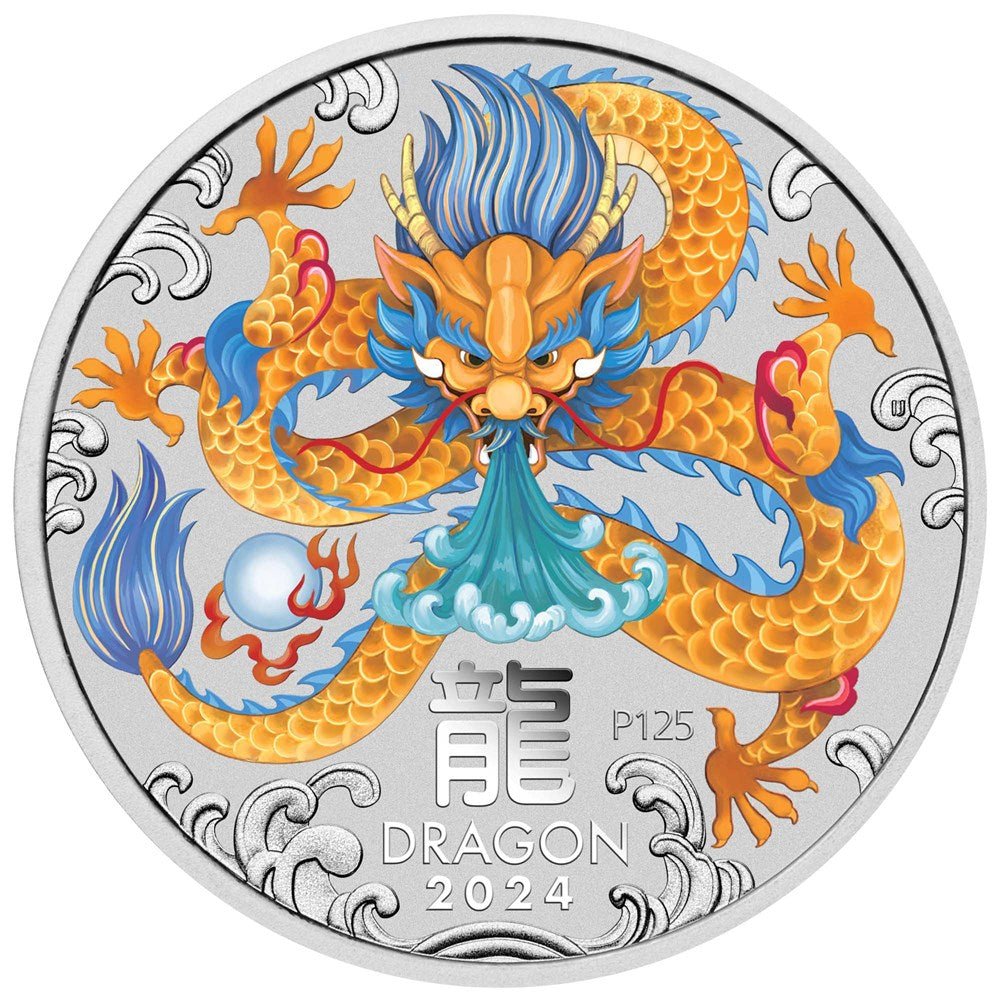 In Stock! 2024 1oz Australia Lunar Series III - Year of the Dragon- Yellow Dragon .9999 Silver Colored BU Coin-Melbourne Money Expo Special Edition