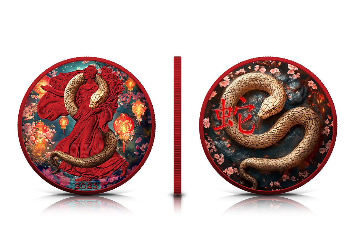 In Stock! 2025 Silver Eagle Colorized Space Red Year of the Wooden Snake 1oz .999 Silver Coin