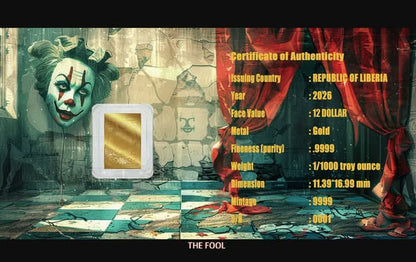 In Stock! 2026 Liberia The Fool 1/1000 oz .9999 Gold Coin in Card