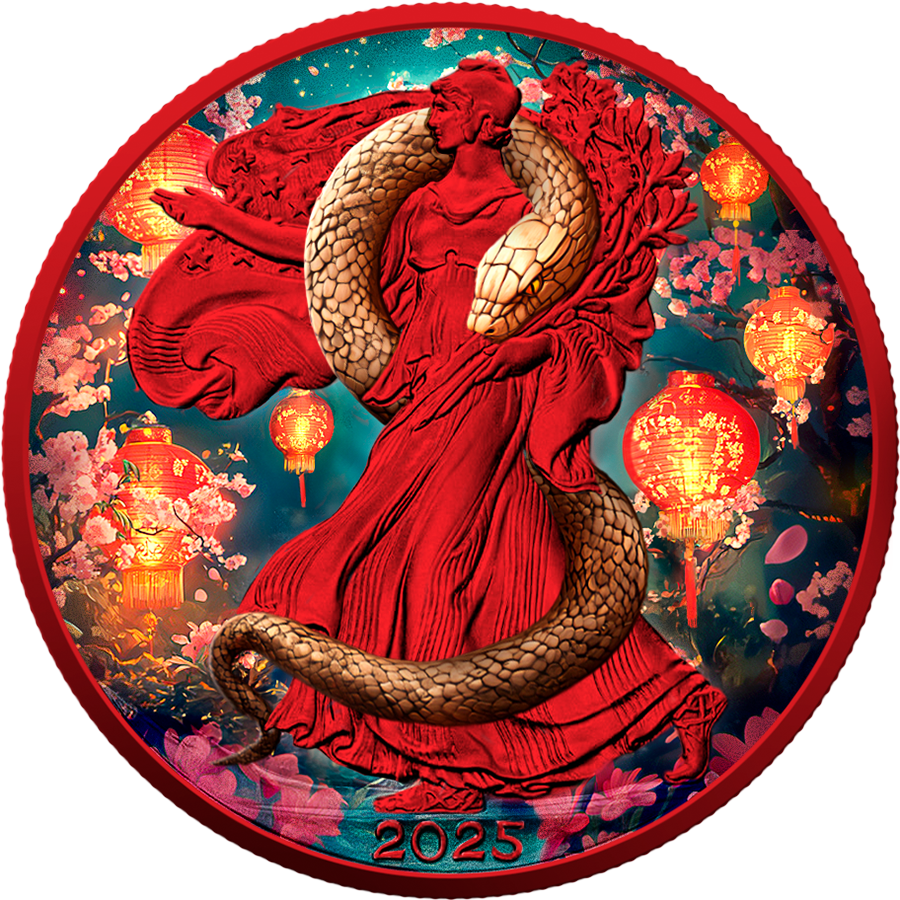 In Stock! 2025 Silver Eagle Colorized Space Red Year of the Wooden Snake 1oz .999 Silver Coin