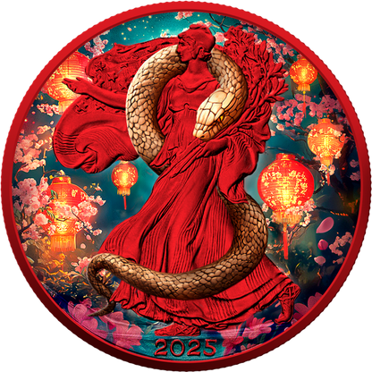 In Stock! 2025 Silver Eagle Colorized Space Red Year of the Wooden Snake 1oz .999 Silver Coin