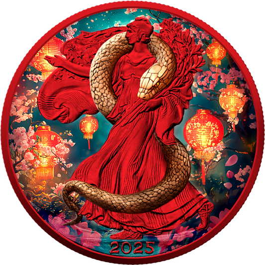 In Stock! 2025 Silver Eagle Colorized Space Red Year of the Wooden Snake 1oz .999 Silver Coin
